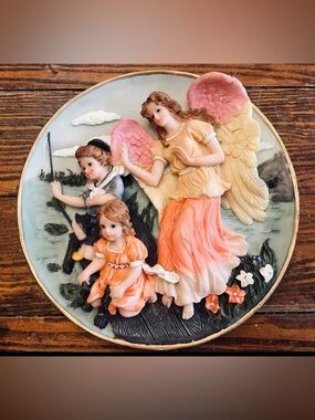 Vintage Guardian Angel Collectors Plate Themed Looks 3D Kids Fishing